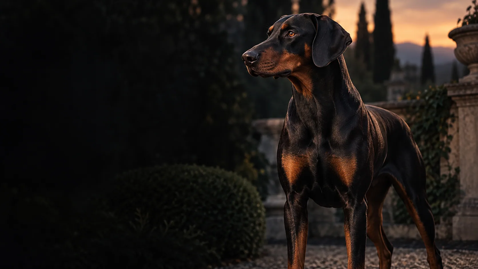 Doberman u elegantnom stavu pri zalasku sunca